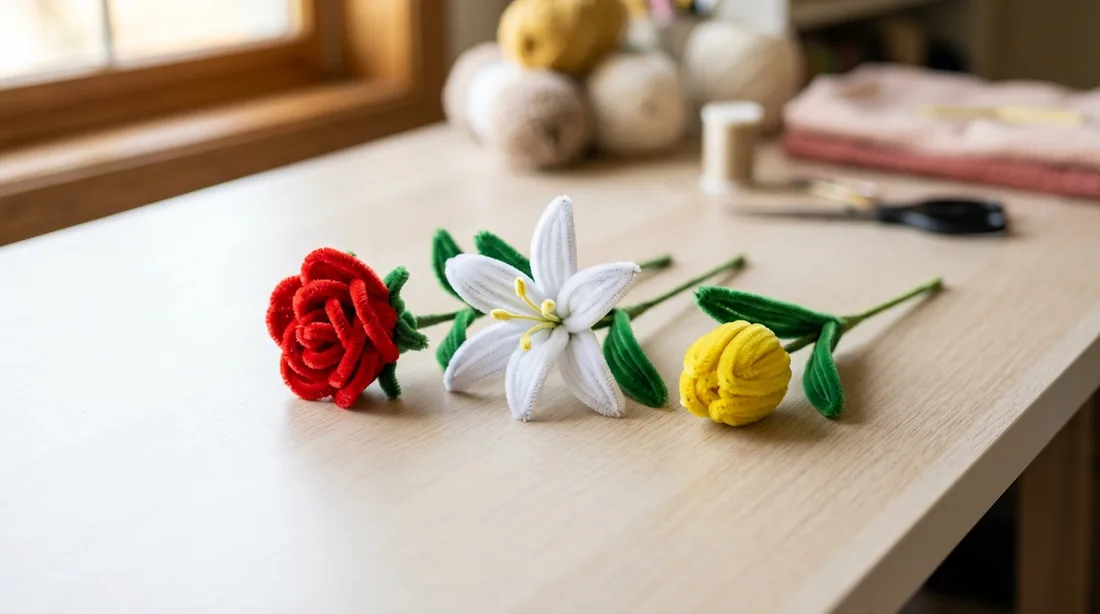 Rose, Lilie und Tulpe aus Chenilledraht mit grünen Stielen auf einer Arbeitsfläche