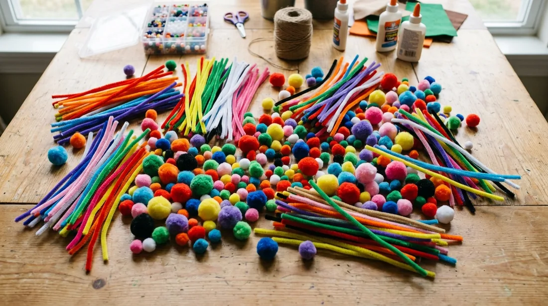 Bunte Chenilledraht-Pfeifenreiniger und Pompons auf einem Basteltisch